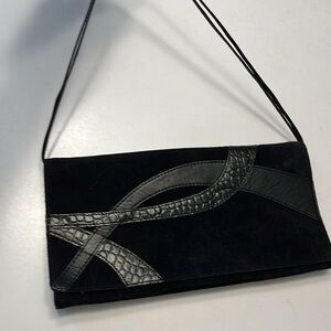 Y2K 2003 Banana Republic Suede Shoulder Bag, black with leather embossed detail